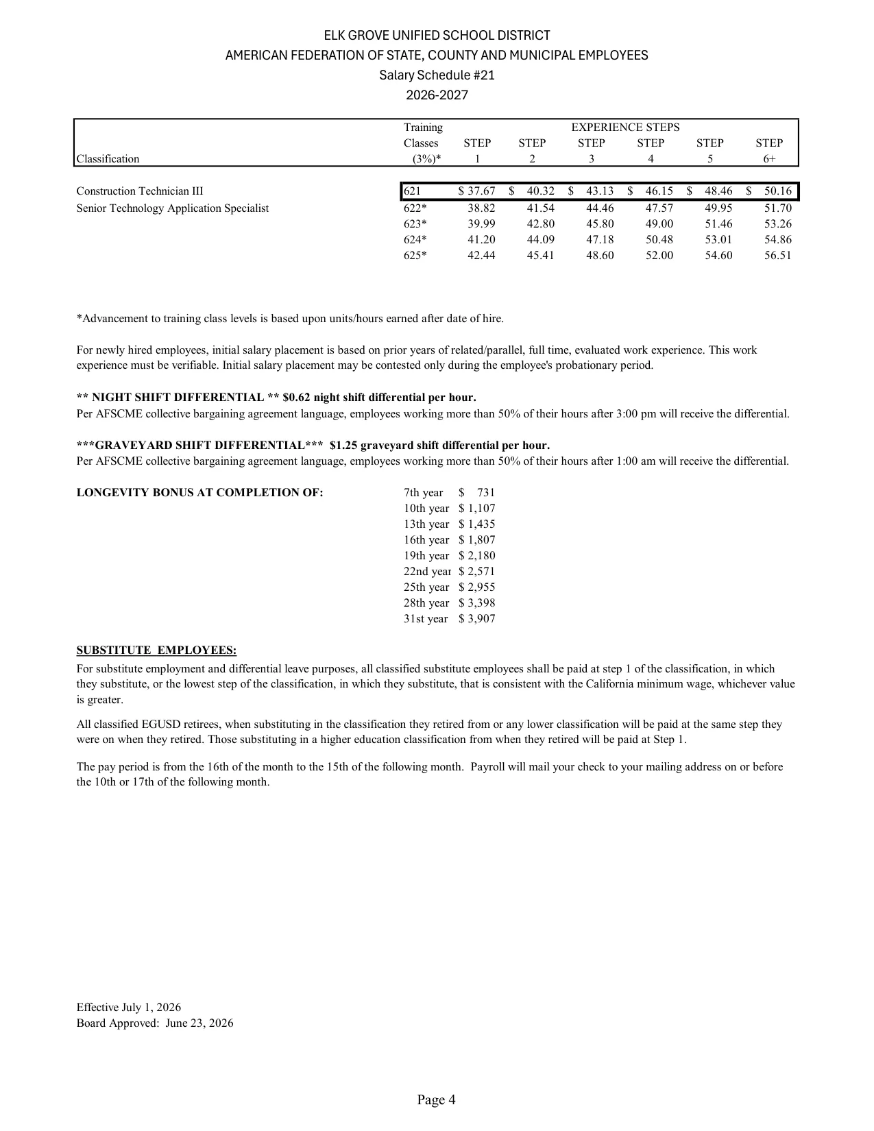 Elk Grove Unified School District (EGUSD) EGUSD AFSCME Salary Schedule #21 2026-2027 - official salary schedule pay scale (PDF preview, page 4 of 4)