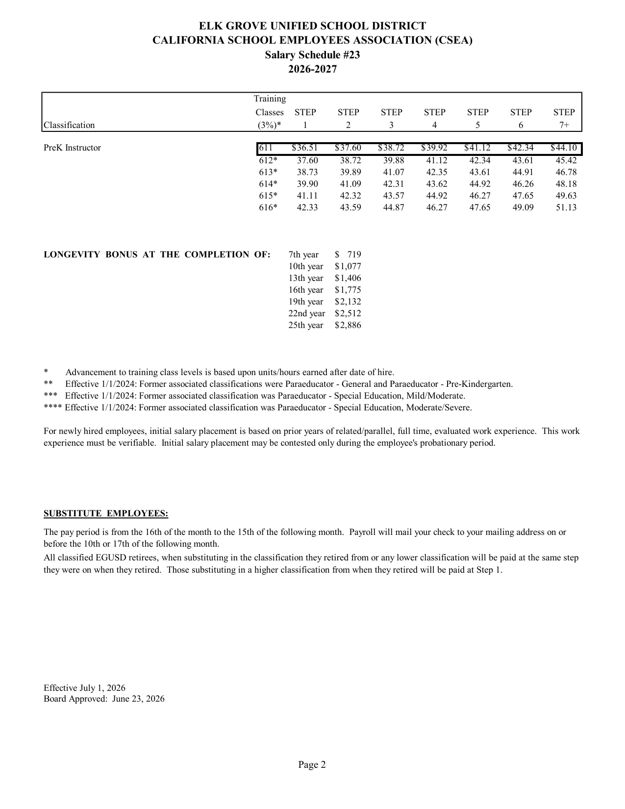 Elk Grove Unified School District (EGUSD) EGUSD CSEA Salary Schedule #23 2026-2027 - official salary schedule pay scale (PDF preview, page 2 of 2)