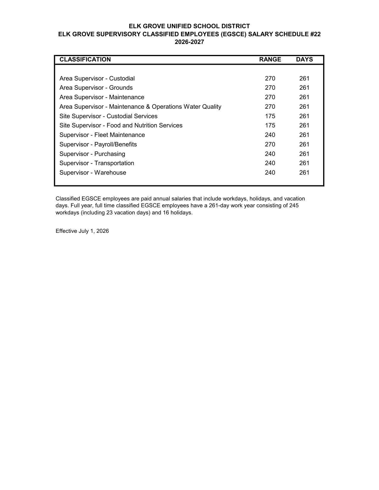 Elk Grove Unified School District (EGUSD) EGUSD Elk Grove Supervisory Classified Employees (EGSCE) #22 2026-2027 - official salary schedule pay scale (PDF preview, page 1 of 2)