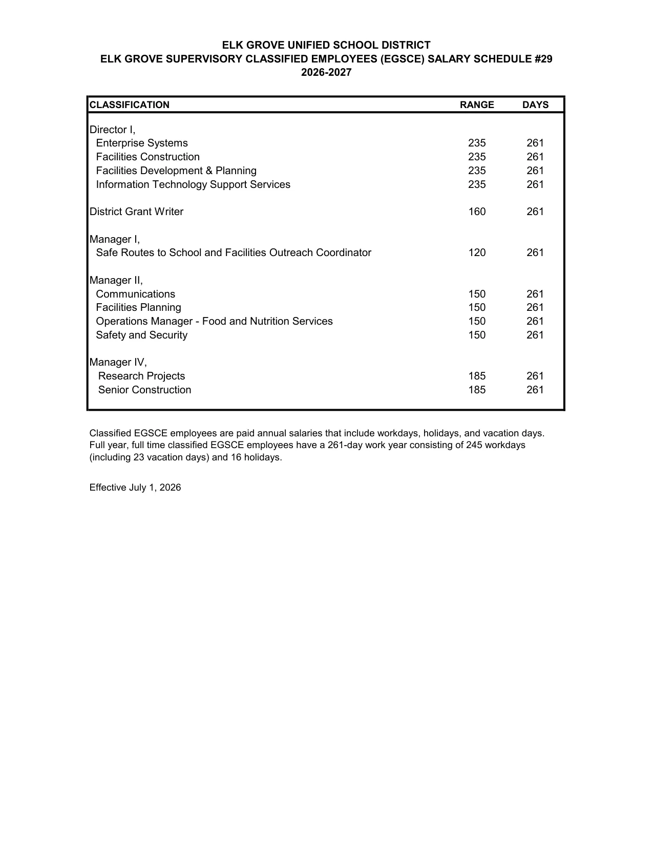 Elk Grove Unified School District (EGUSD) EGUSD Elk Grove Supervisory Classified Employees (EGSCE) #29 2026-2027 - official salary schedule pay scale (PDF preview, page 1 of 2)