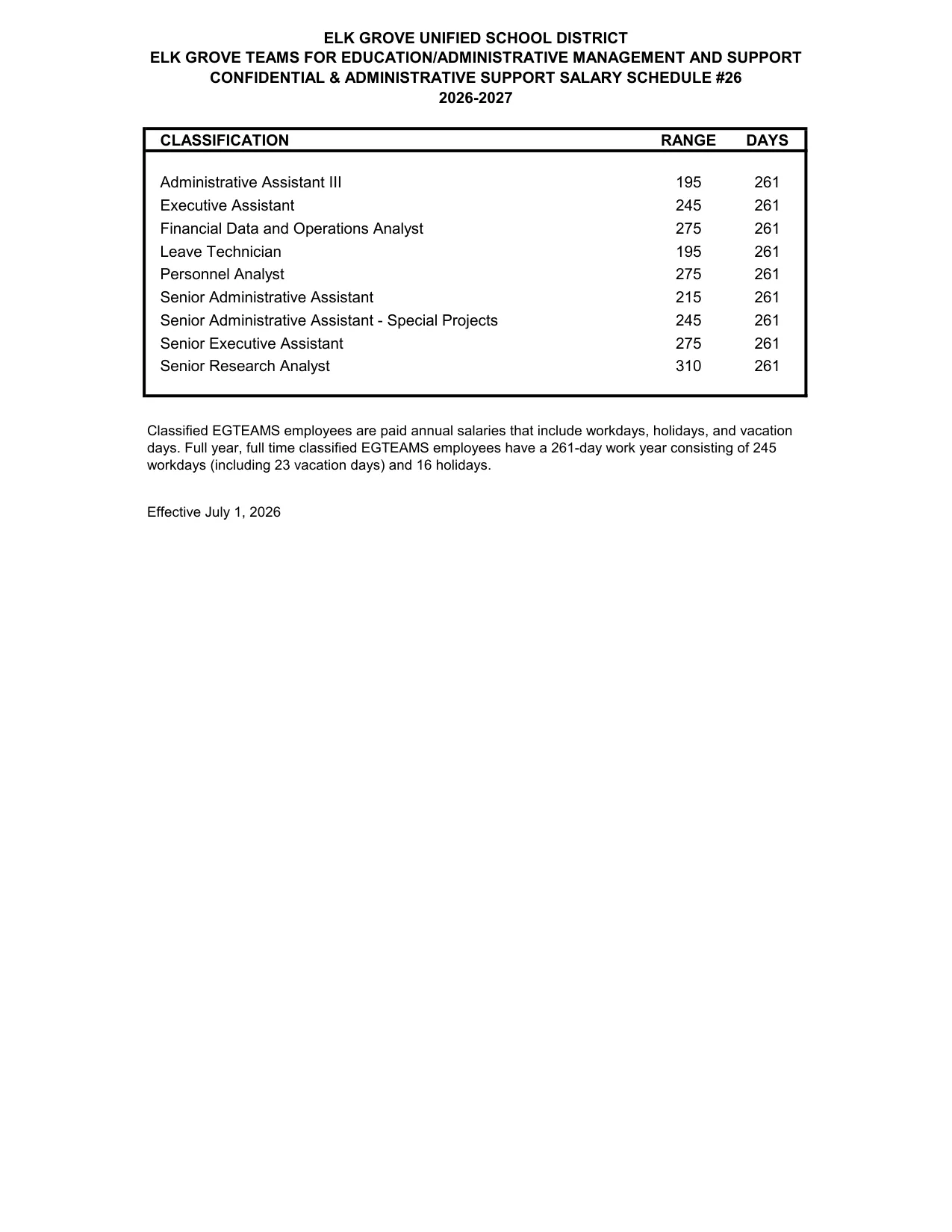 Elk Grove Unified School District (EGUSD) EGUSD EGTEAMS Confidential & Administrative Support #26 2026-2027 - official salary schedule pay scale (PDF preview, page 1 of 2)