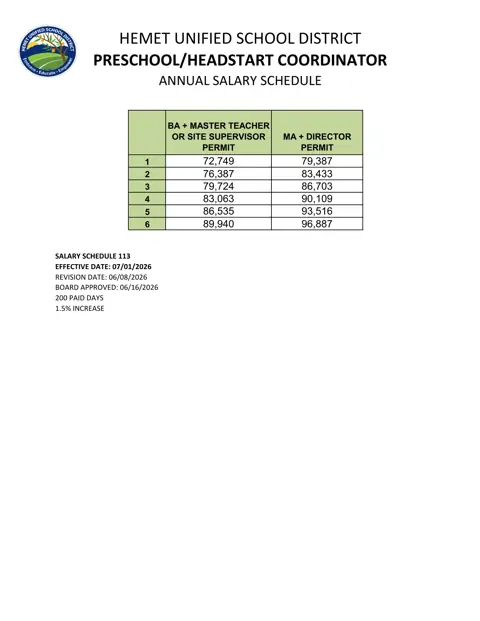 Hemet Unified School District Preschool / Head Start Coordinator Annual Salary Schedule 2026-2027 - official salary schedule pay scale (PDF preview)