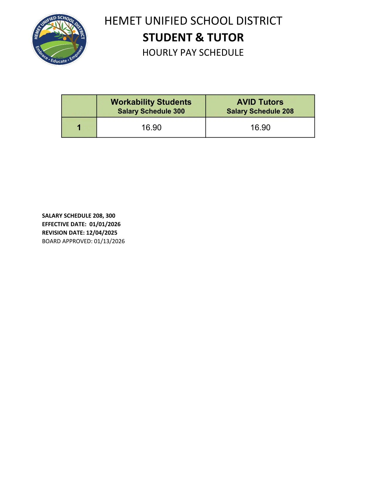Hemet Unified School District Student & Tutor Hourly Pay Schedule 2025-2026 - official salary schedule pay scale (PDF preview)