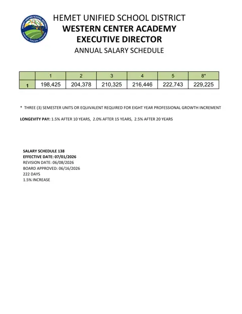 Hemet Unified School District Western Center Academy Executive Director Annual Salary Schedule 2026-2027 - official salary schedule pay scale (PDF preview)