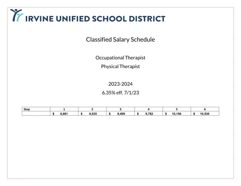 Irvine Unified School District Occupational Therapist / Physical Therapist Salary Schedule 2023-2024 - official salary schedule pay scale (PDF preview)