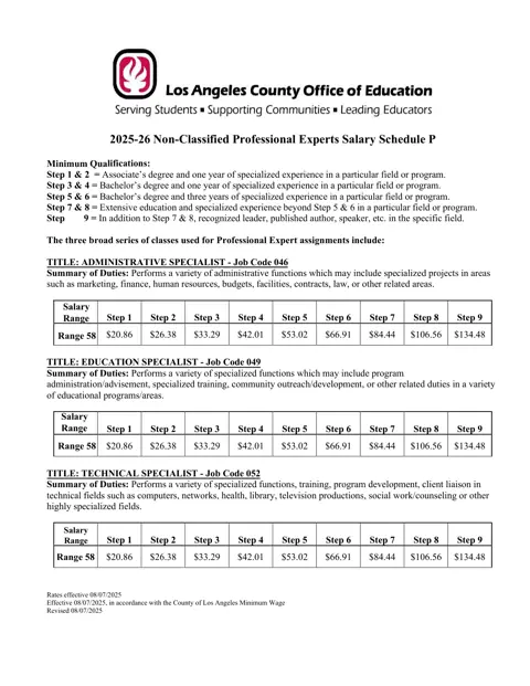 Los Angeles County Office of Education Non-Classified Professional Experts Salary Schedule P 2025-2026 - official salary schedule pay scale (PDF preview)