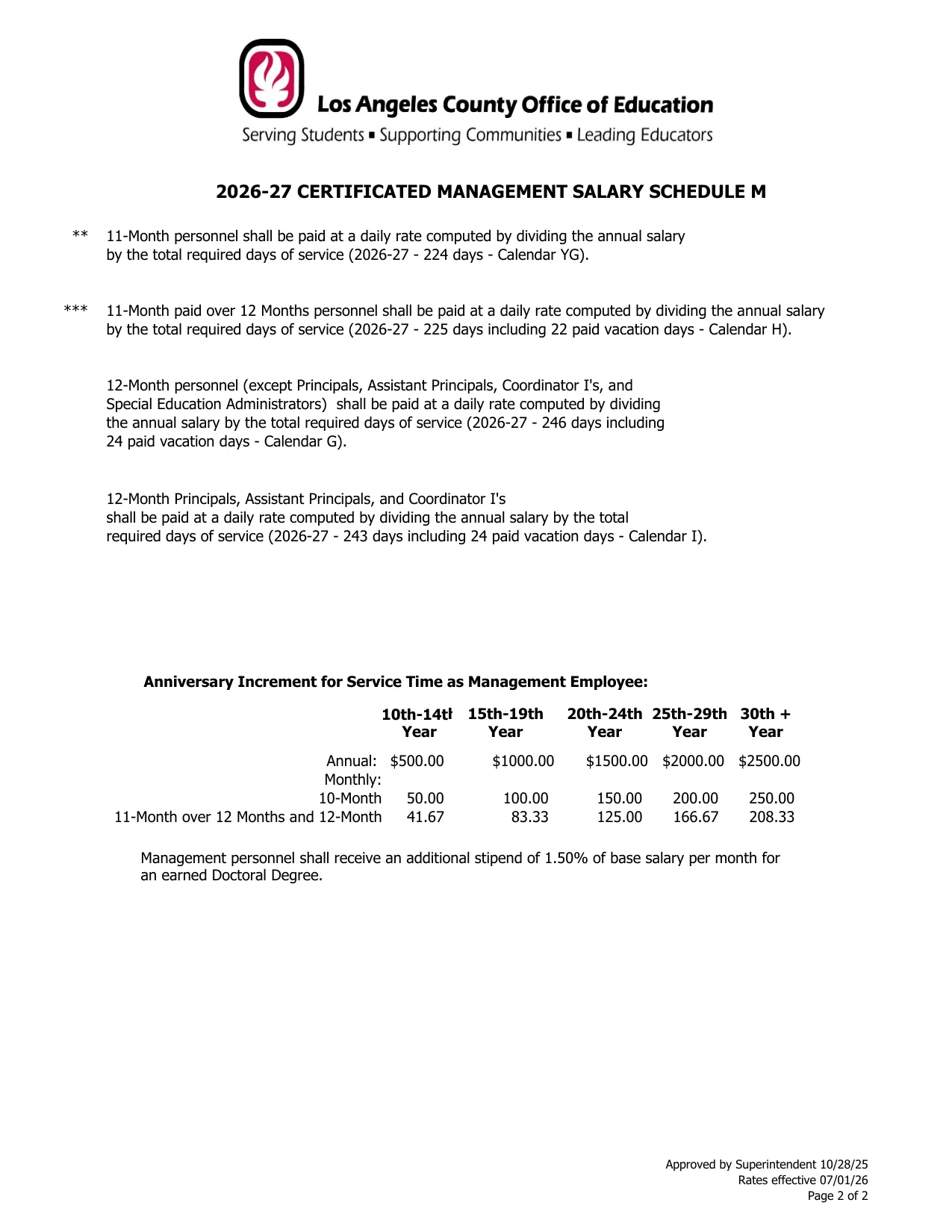 Los Angeles County Office of Education Certificated Management Salary Schedule M 2026-2027 - official salary schedule pay scale (PDF preview, page 2 of 2)