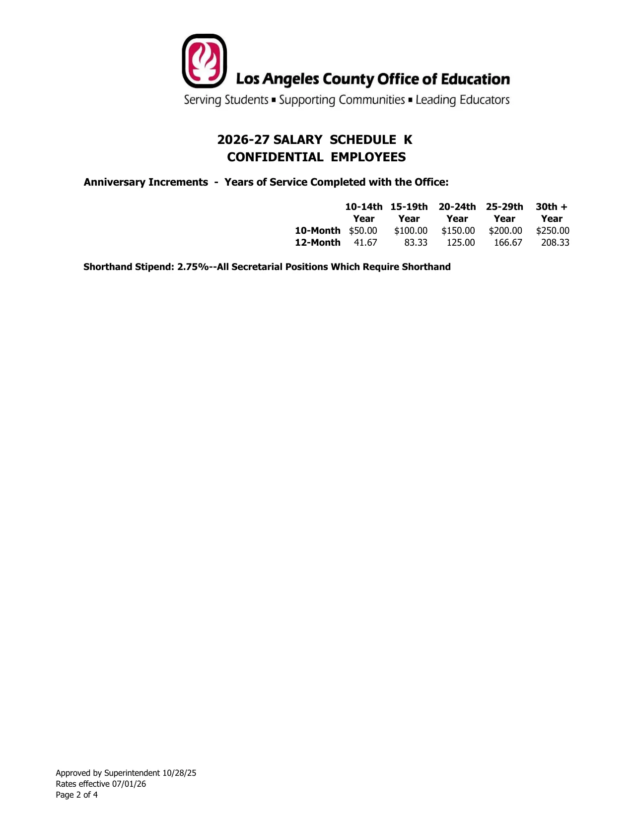 Los Angeles County Office of Education Confidential Employees Salary Schedule K 2026-2027 - official salary schedule pay scale (PDF preview, page 2 of 4)