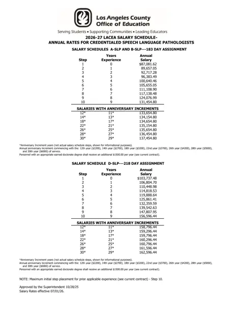 Los Angeles County Office of Education LACEA Speech Language Pathologists Salary Schedule 2026-2027 - official salary schedule pay scale (PDF preview)