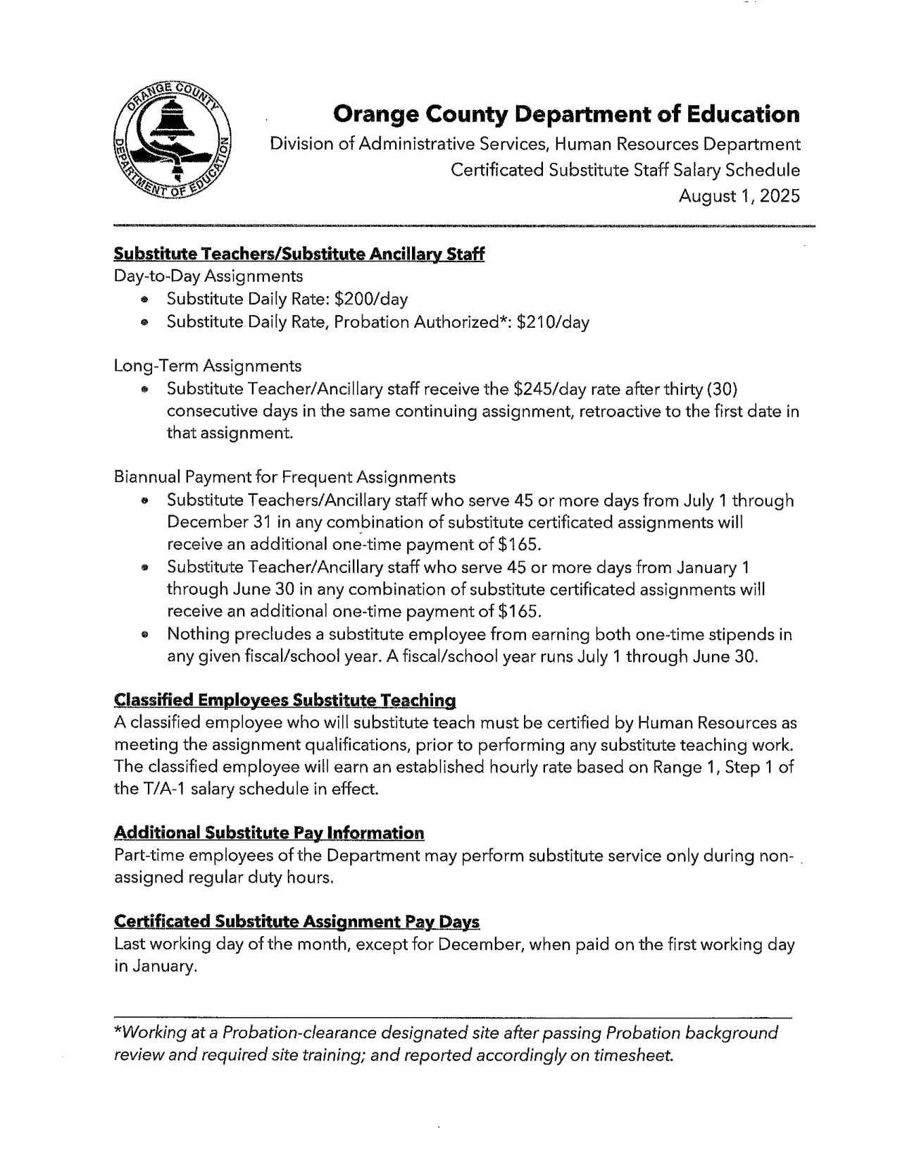 Orange County Department of Education Certificated Substitute Salary Schedule 2025-2026 - official salary schedule pay scale (PDF preview)
