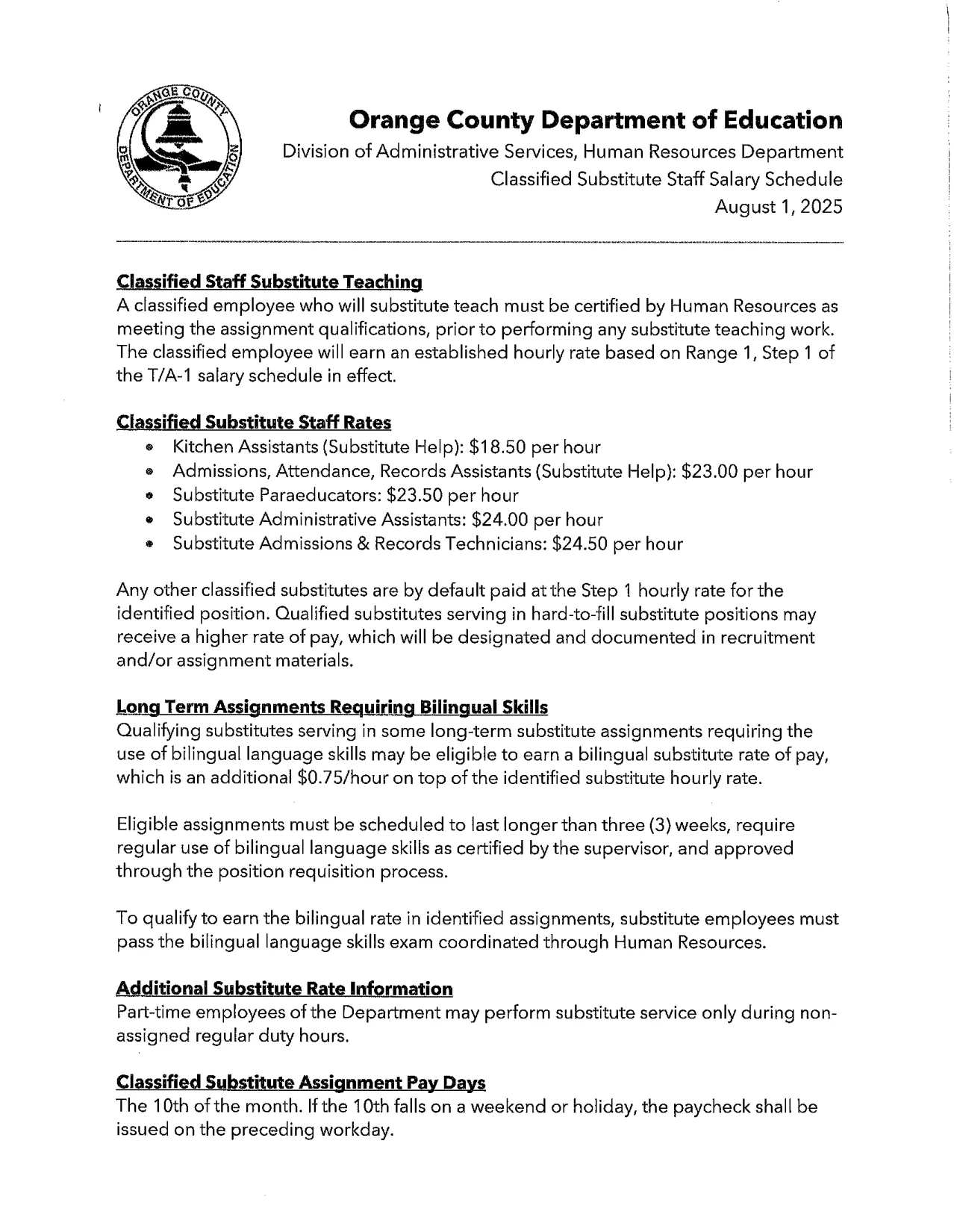 Orange County Department of Education Classified Substitute Salary Schedule 2025-2026 - official salary schedule pay scale (PDF preview)
