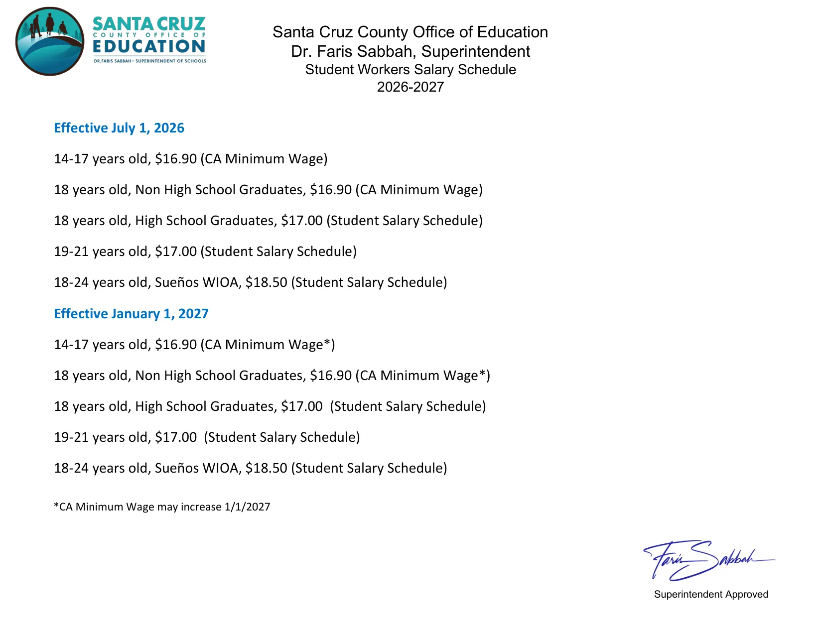 Santa Cruz County Office of Education Student Workers Salary Schedule 2026-2027 - official salary schedule pay scale (PDF preview)