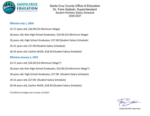 Santa Cruz County Office of Education Student Workers Salary Schedule 2026-2027 - official salary schedule pay scale (PDF preview)