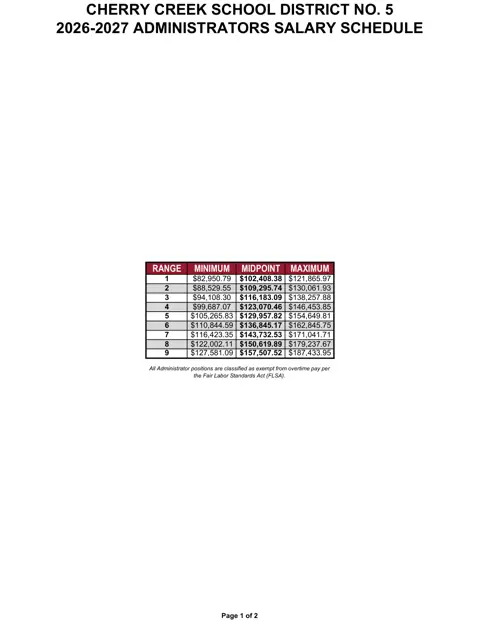 Cherry Creek School District Administrators Salary Schedule 2026-2027 - official salary schedule pay scale (PDF preview)