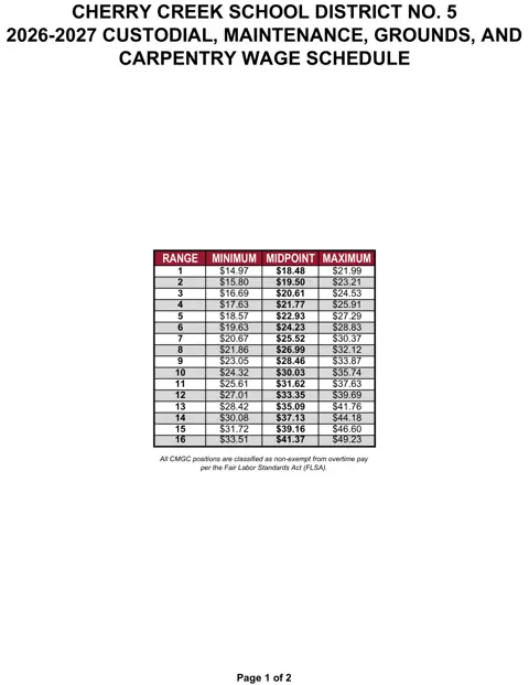 Cherry Creek School District Custodial, Maintenance, Grounds & Carpentry (CMGC) Wage Schedule 2026-2027 - official salary schedule pay scale (PDF preview)