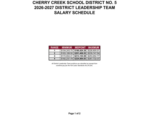 Cherry Creek School District District Leadership Team Salary Schedule 2026-2027 - official salary schedule pay scale (PDF preview)