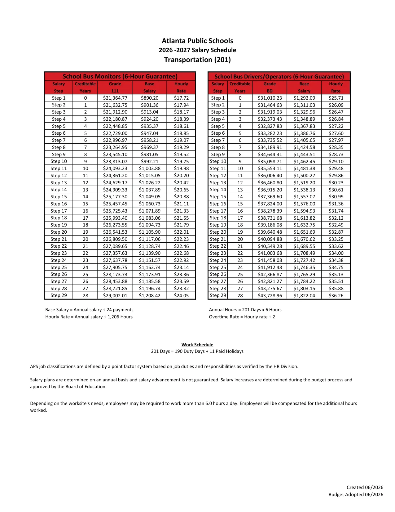 Atlanta Public Schools Transportation Salary Schedule 2026-2027 - official salary schedule pay scale (PDF preview, page 1 of 3)