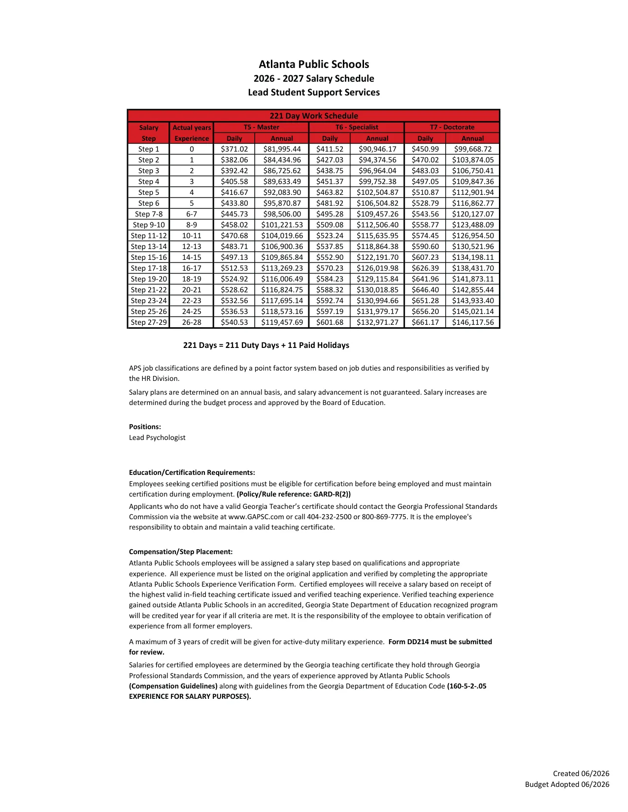 Atlanta Public Schools Student Support Services Salary Schedule 2026-2027 - official salary schedule pay scale (PDF preview, page 3 of 3)