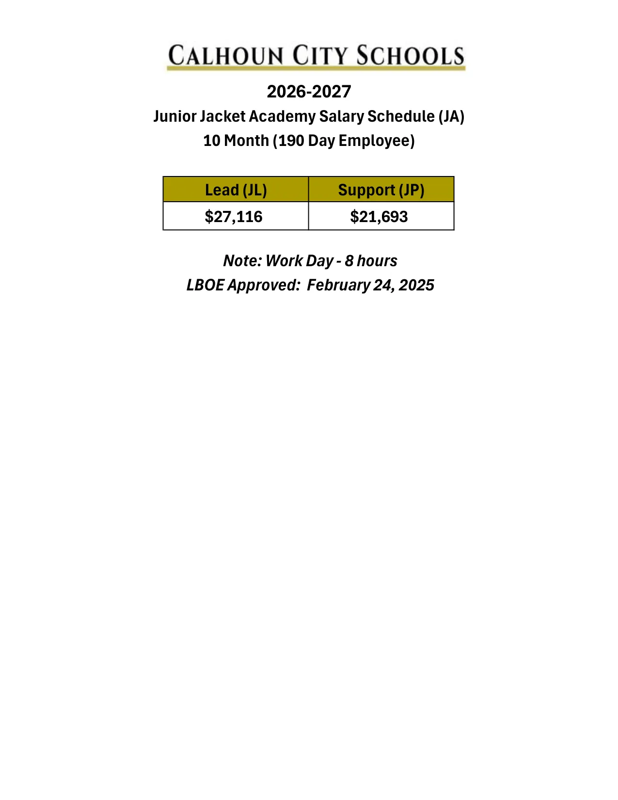 Calhoun City Schools (GA) Junior Jacket Academy Salary Schedule 2026-2027 - official salary schedule pay scale (PDF preview)