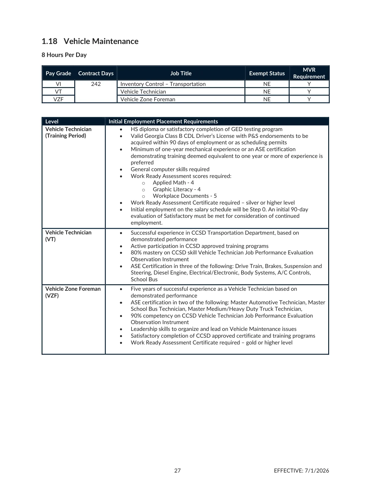 Cherokee County School District (GA) Vehicle Maintenance Salary Schedule (242 Day) 2026-2027 - official salary schedule pay scale (PDF preview, page 1 of 2)