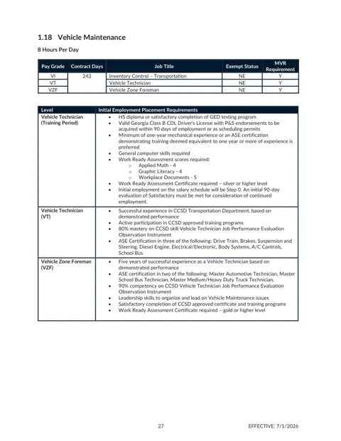Cherokee County School District (GA) Vehicle Maintenance Salary Schedule (242 Day) 2026-2027 - official salary schedule pay scale (PDF preview)