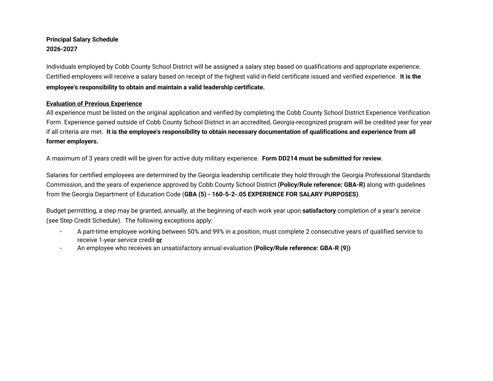 Cobb County School District Principal Salary Schedule 2026-2027 - official salary schedule pay scale (PDF preview, page 2 of 2)