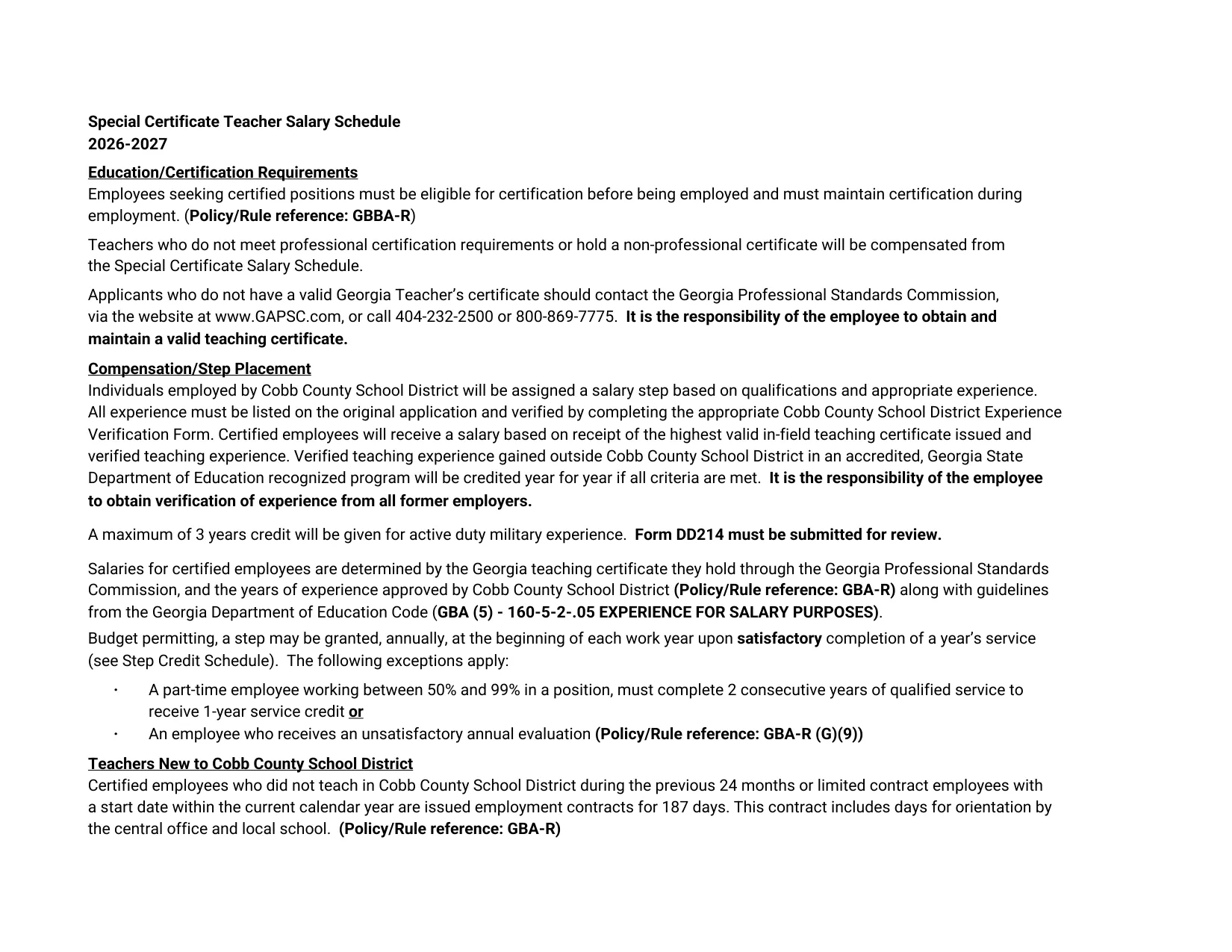 Cobb County School District Teacher Spec Cert Salary Schedule 2026-2027 - official salary schedule pay scale (PDF preview, page 2 of 2)