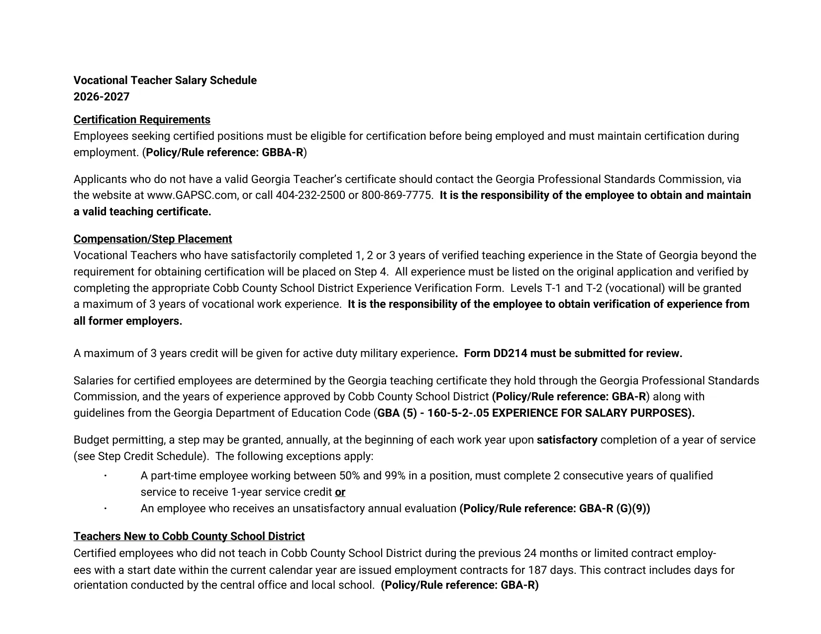 Cobb County School District Teacher Vocational Salary Schedule 2026-2027 - official salary schedule pay scale (PDF preview, page 2 of 2)