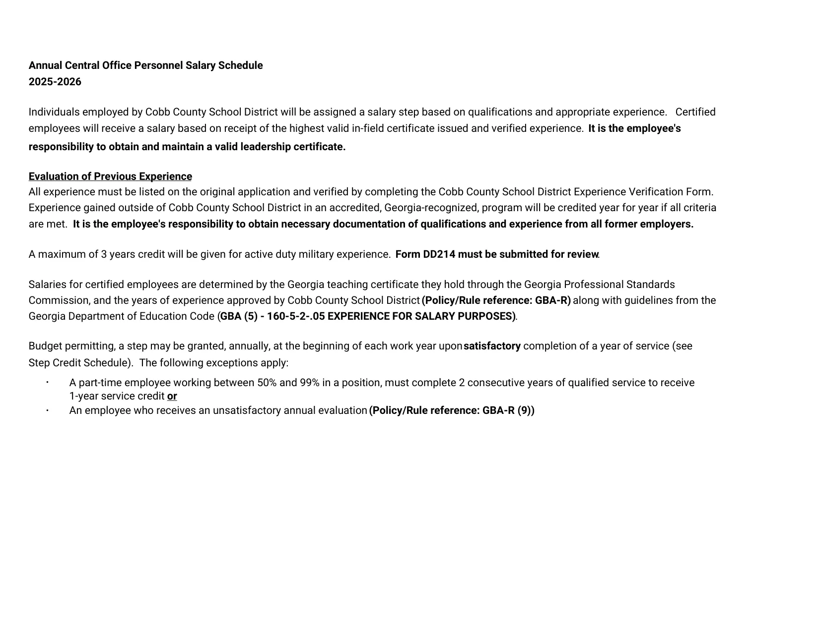 Cobb County School District Annual Central Office Personnel 2025-2026 - official salary schedule pay scale (PDF preview, page 2 of 2)