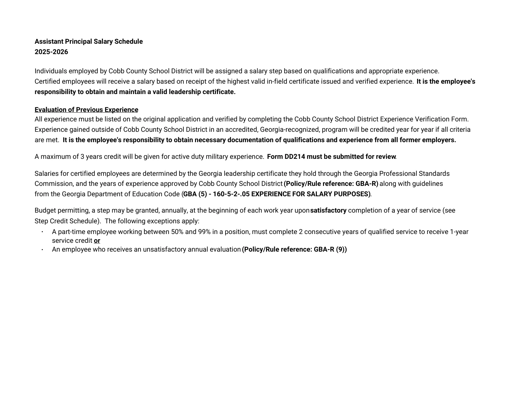 Cobb County School District Assistant Principal 2025-2026 - official salary schedule pay scale (PDF preview, page 2 of 2)
