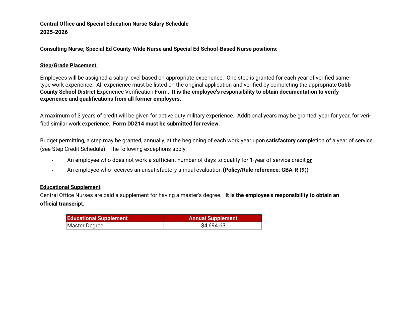 Cobb County School District Central Office And Sped Nurse 2025-2026 - official salary schedule pay scale (PDF preview, page 2 of 2)