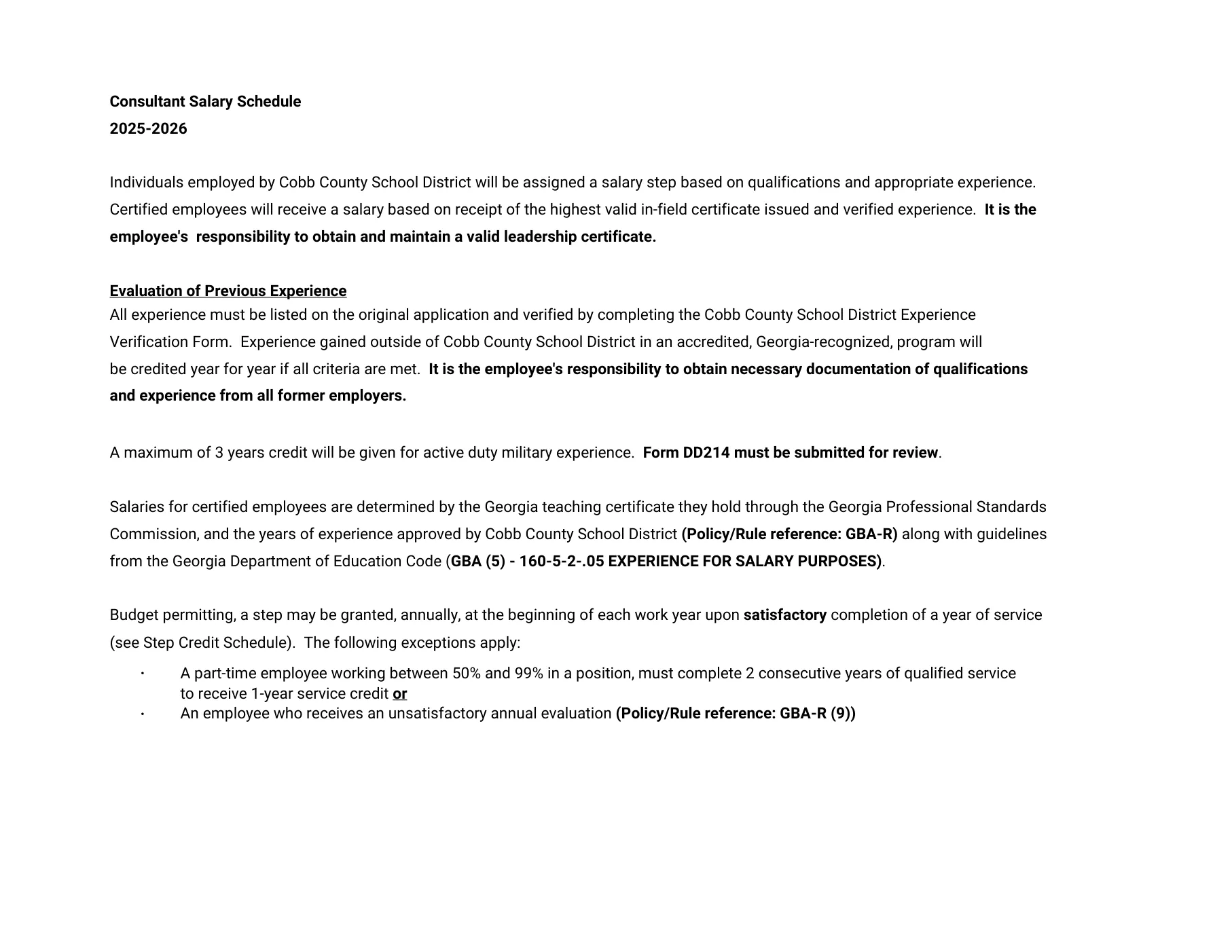Cobb County School District Consultant 2025-2026 - official salary schedule pay scale (PDF preview, page 2 of 2)