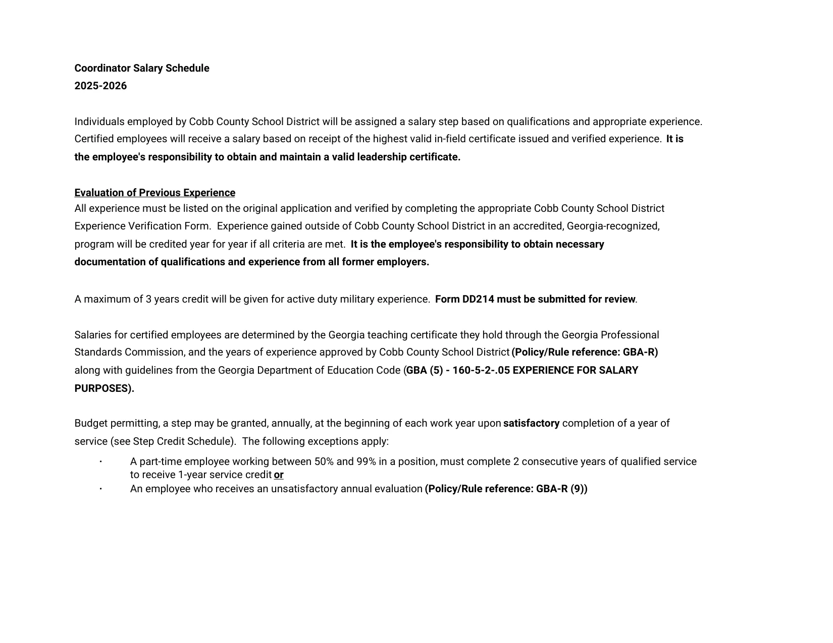 Cobb County School District Coordinator 2025-2026 - official salary schedule pay scale (PDF preview, page 2 of 2)