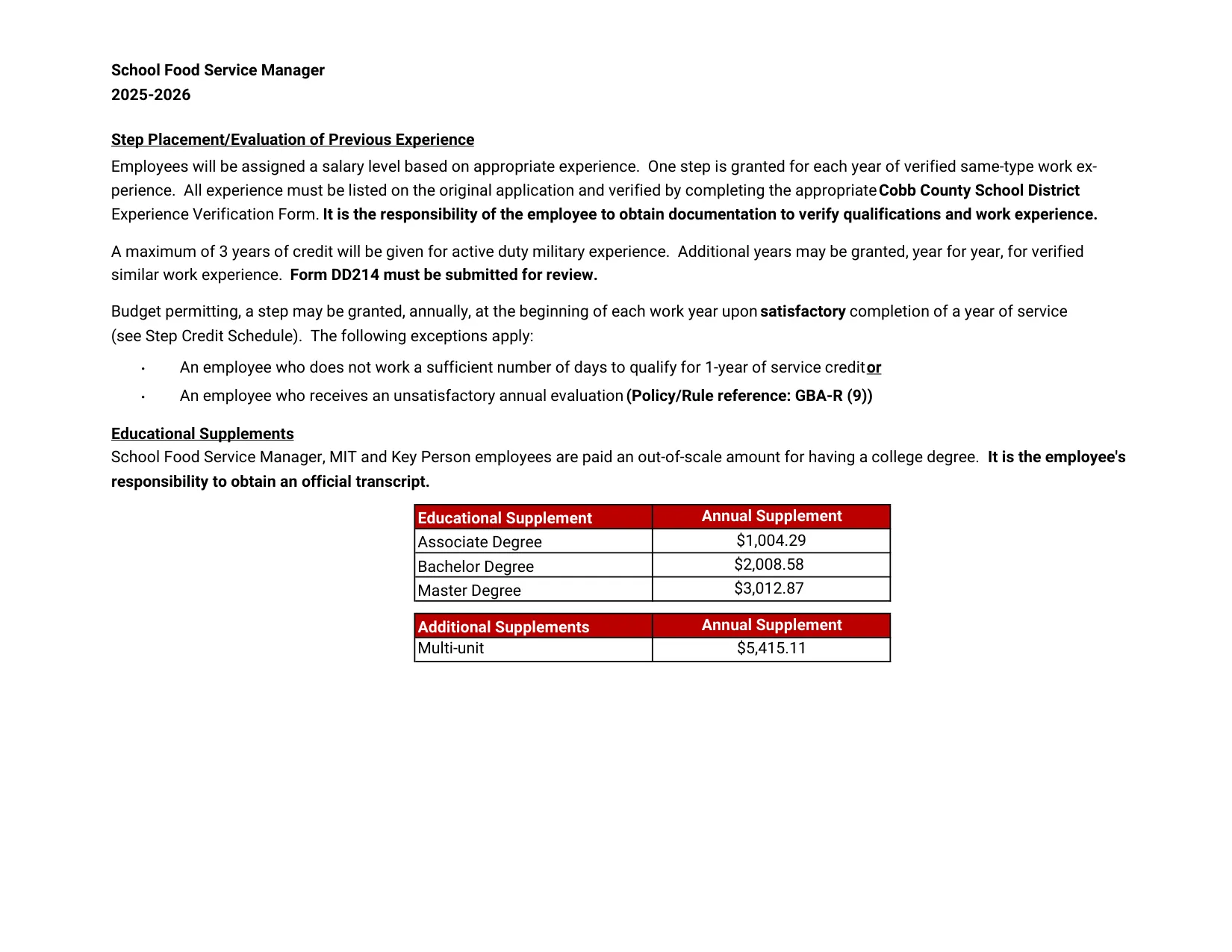Cobb County School District Food Service Manager 2025-2026 - official salary schedule pay scale (PDF preview, page 2 of 2)