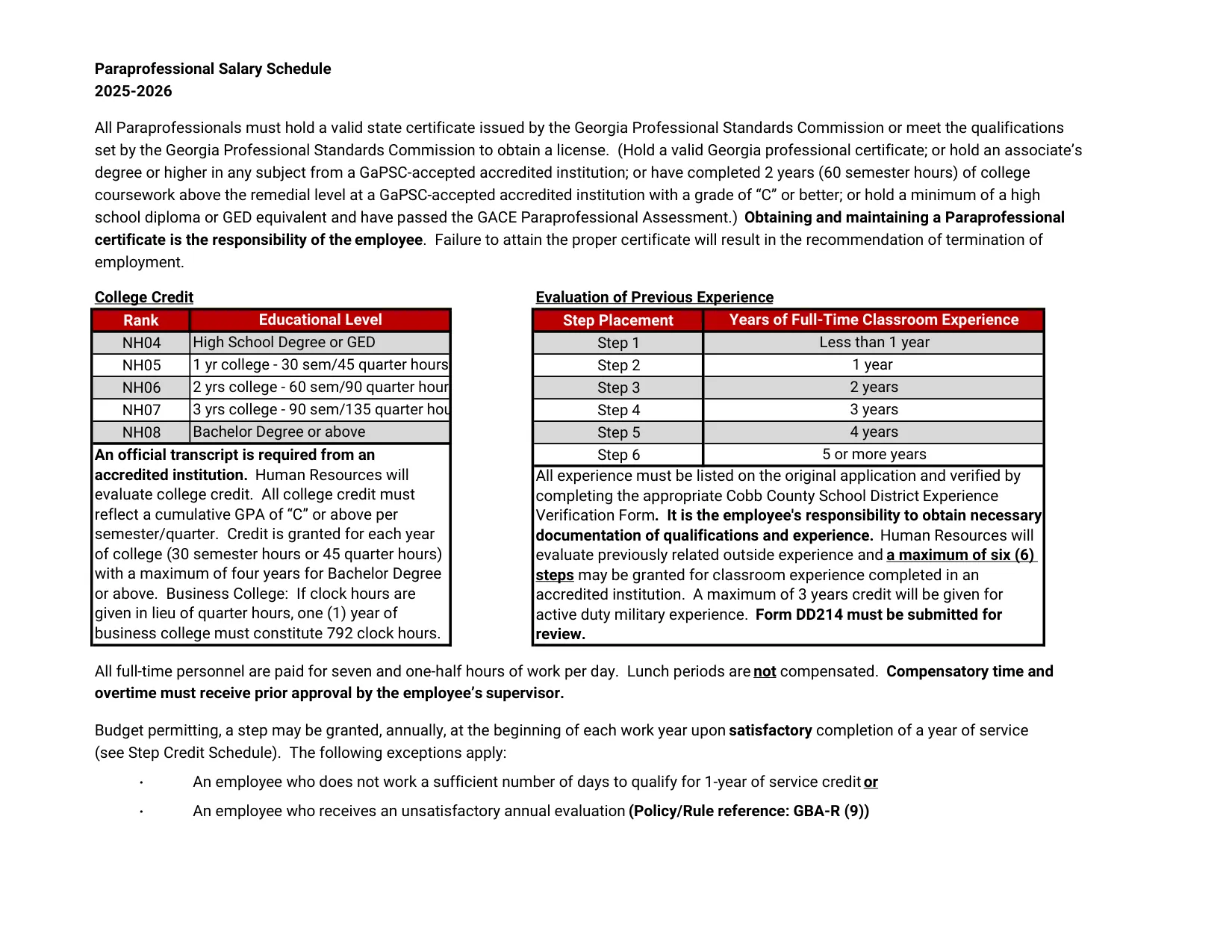 Cobb County School District Parapro 2025-2026 - official salary schedule pay scale (PDF preview, page 2 of 2)