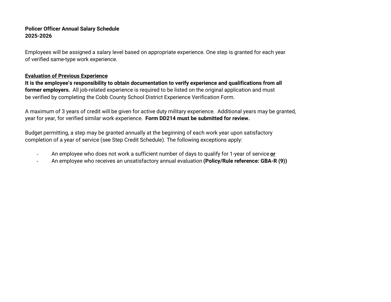 Cobb County School District Police Officer 2025-2026 - official salary schedule pay scale (PDF preview, page 2 of 2)