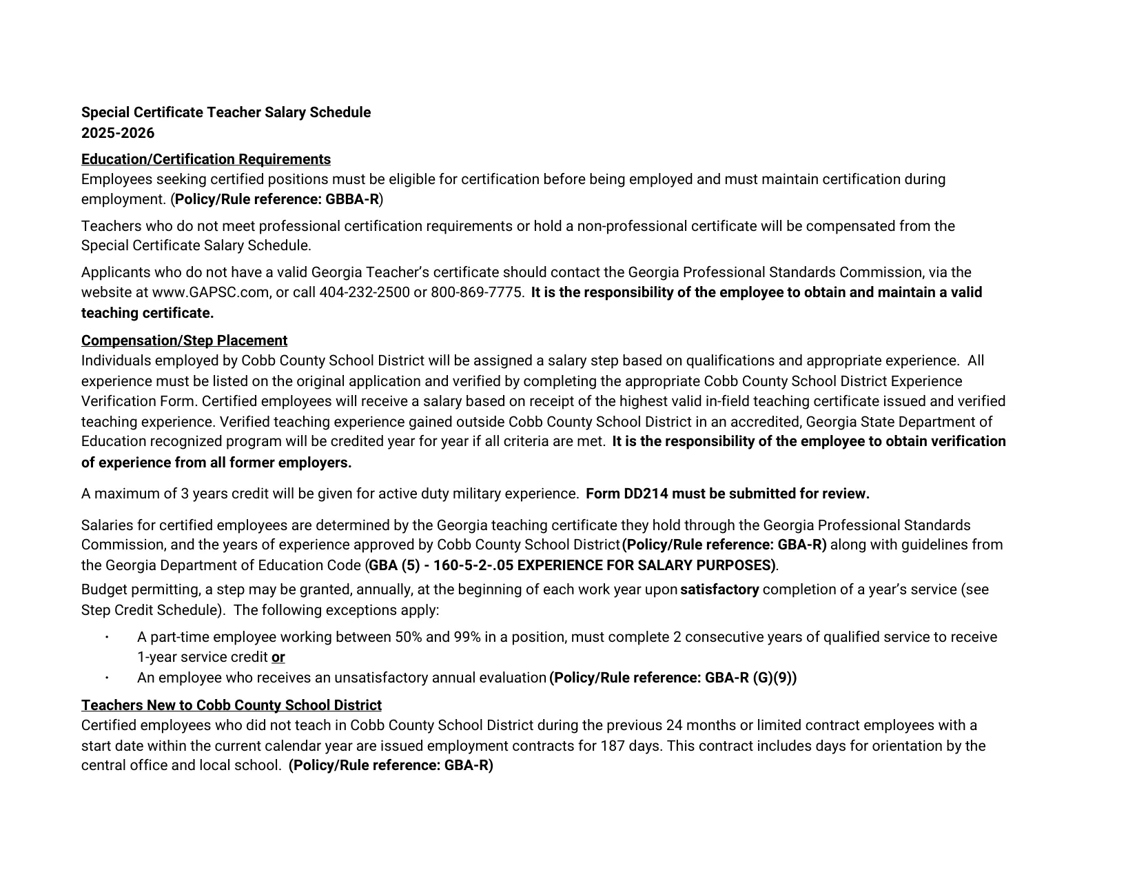 Cobb County School District Special Certificate Teacher 2025-2026 - official salary schedule pay scale (PDF preview, page 2 of 2)