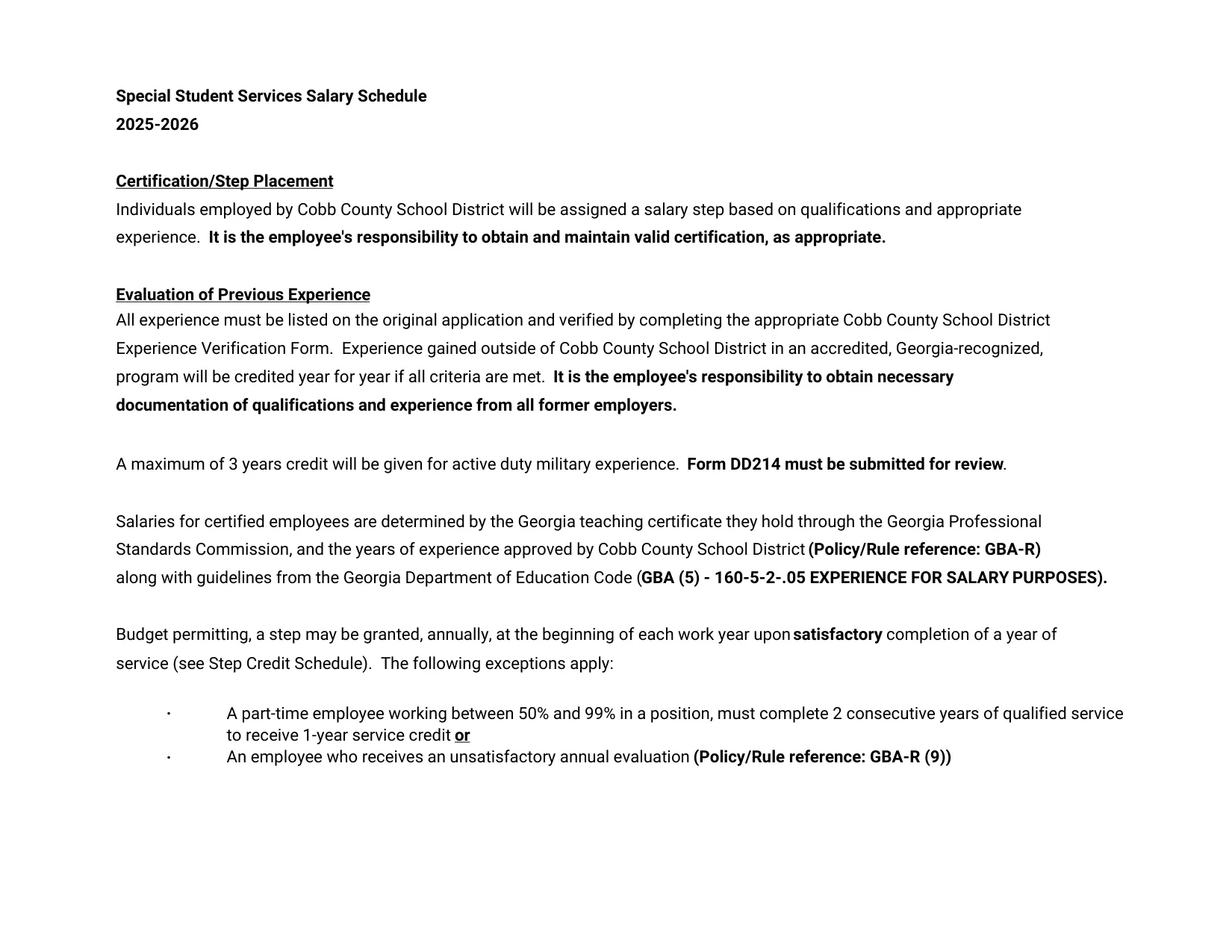 Cobb County School District Special Student Services 2025-2026 - official salary schedule pay scale (PDF preview, page 2 of 2)