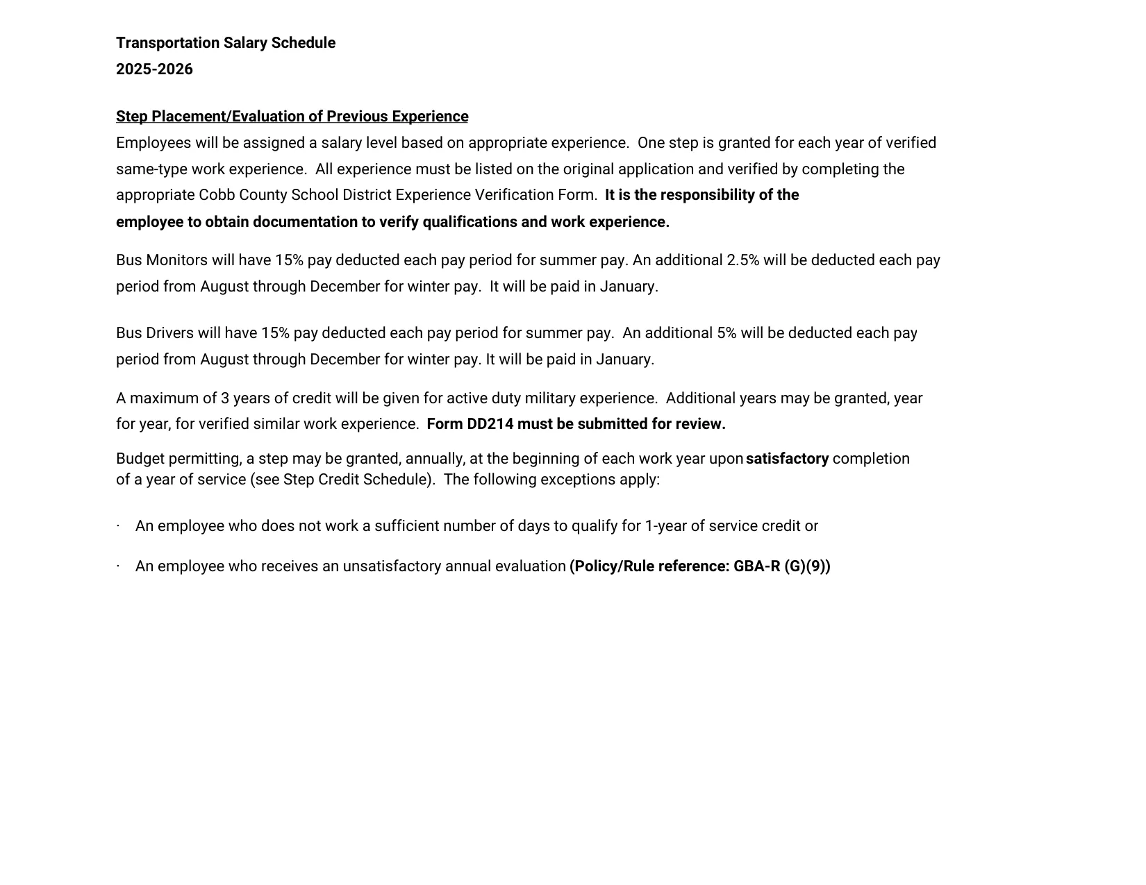 Cobb County School District Transportation Salary Schedule 2025-2026 - official salary schedule pay scale (PDF preview, page 2 of 2)