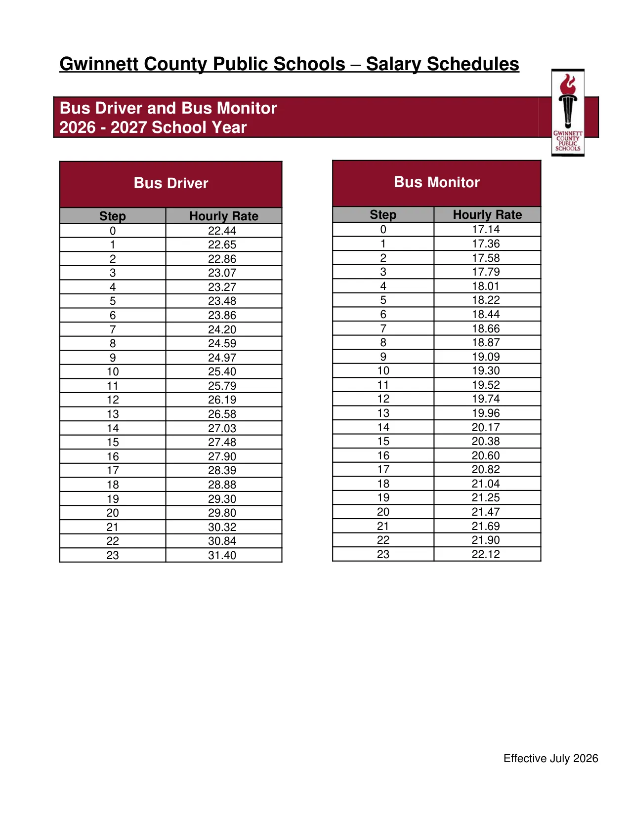 Gwinnett County Public Schools Bus Driver and Bus Monitor 2026-2027 - official salary schedule pay scale (PDF preview)