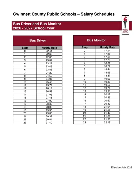 Gwinnett County Public Schools Bus Driver and Bus Monitor 2026-2027 - official salary schedule pay scale (PDF preview)