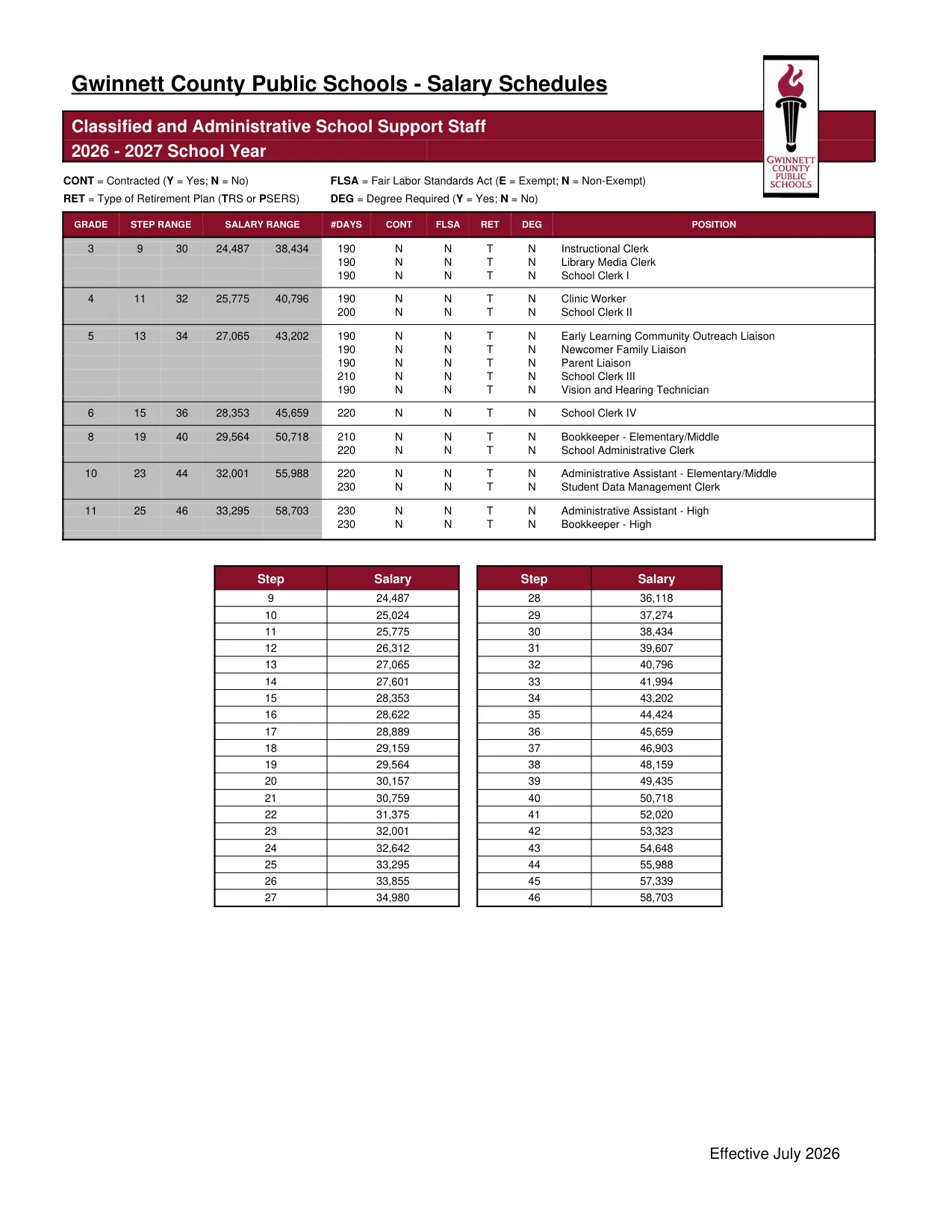 Gwinnett County Public Schools Classified and Administrative School Support Staff 2026-2027 - official salary schedule pay scale (PDF preview)