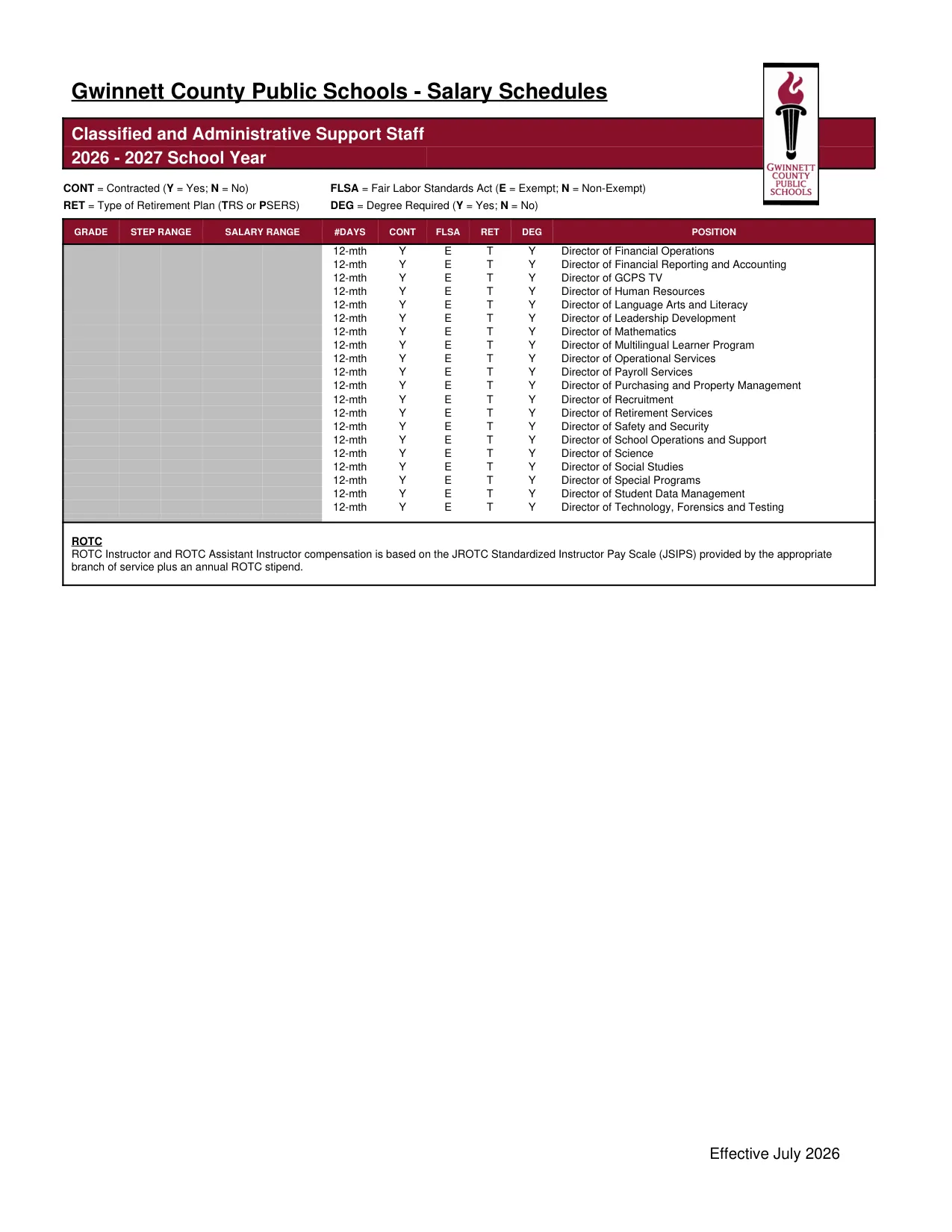 Gwinnett County Public Schools Classified and Administrative Support Staff 2026-2027 - official salary schedule pay scale (PDF preview, page 8 of 9)