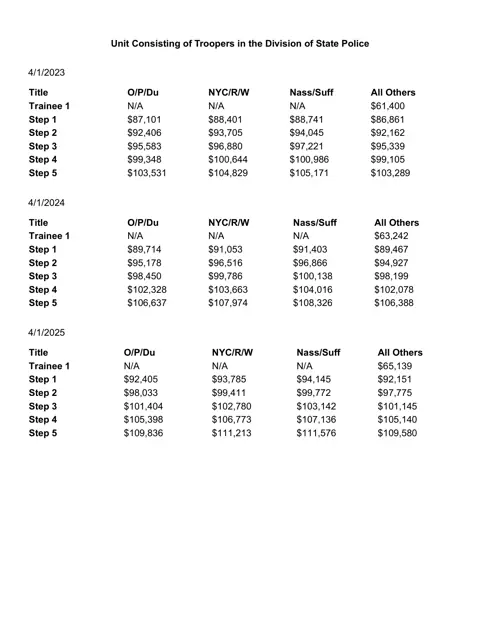 New York State (CSEA, PEF & Statewide Units) State Police Troopers Salary Schedule 2023-2026 - official salary schedule pay scale (PDF preview)