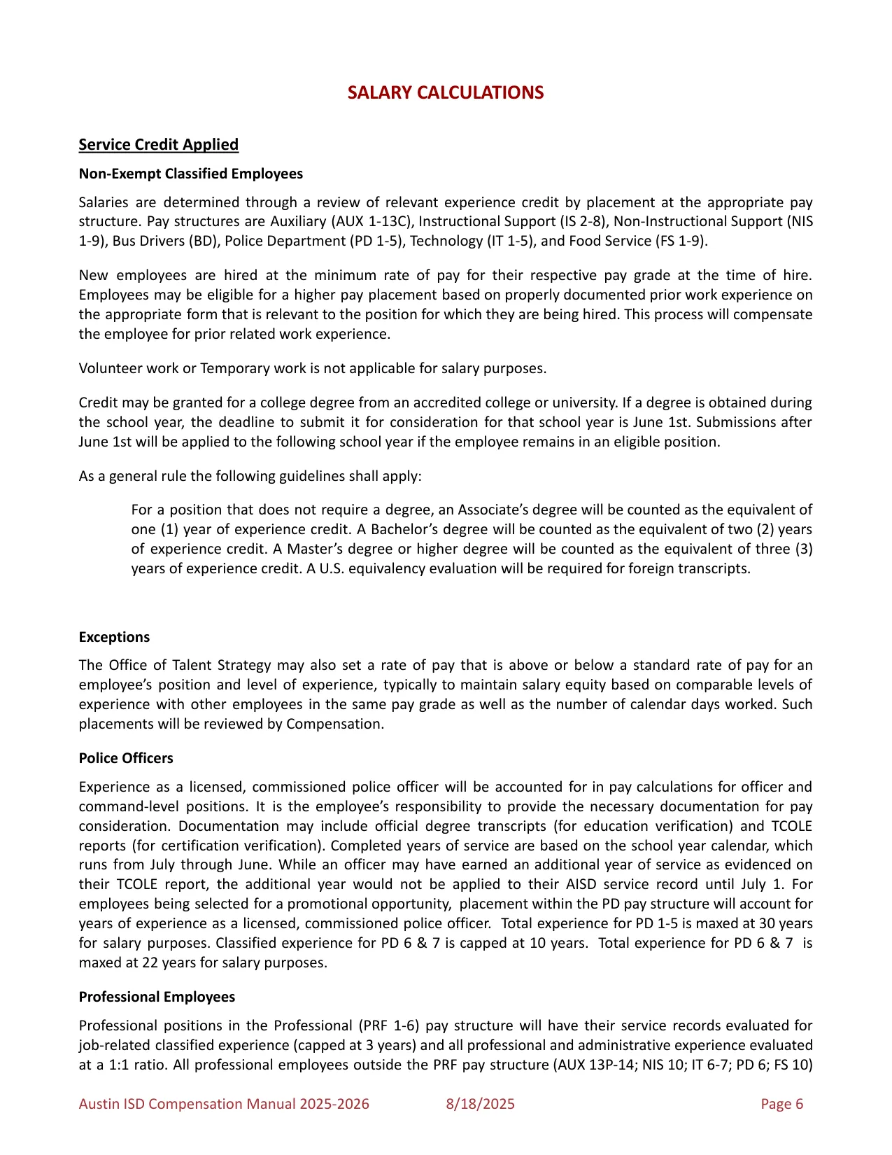 Austin ISD Professional (PRF) Pay Plan 2025-2026 - official salary schedule pay scale (PDF preview, page 10 of 75)