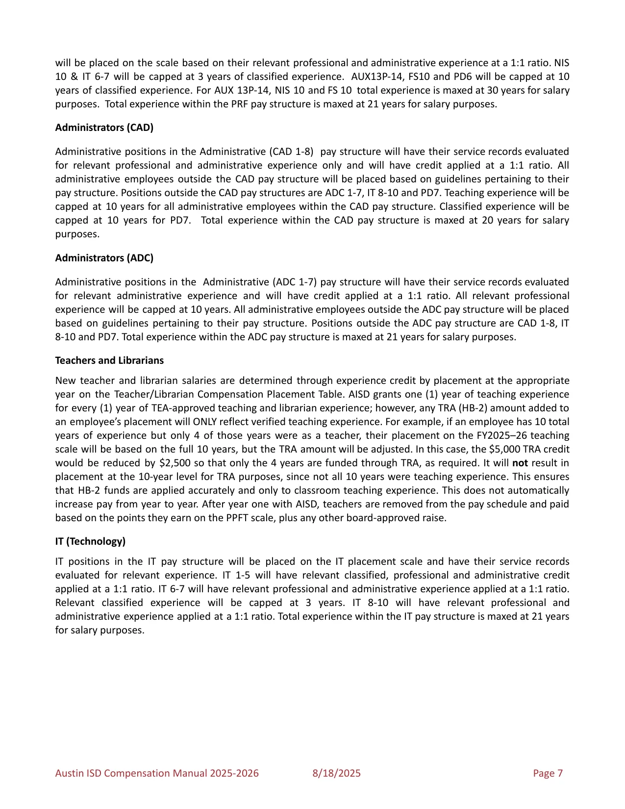 Austin ISD Professional (PRF) Pay Plan 2025-2026 - official salary schedule pay scale (PDF preview, page 11 of 75)