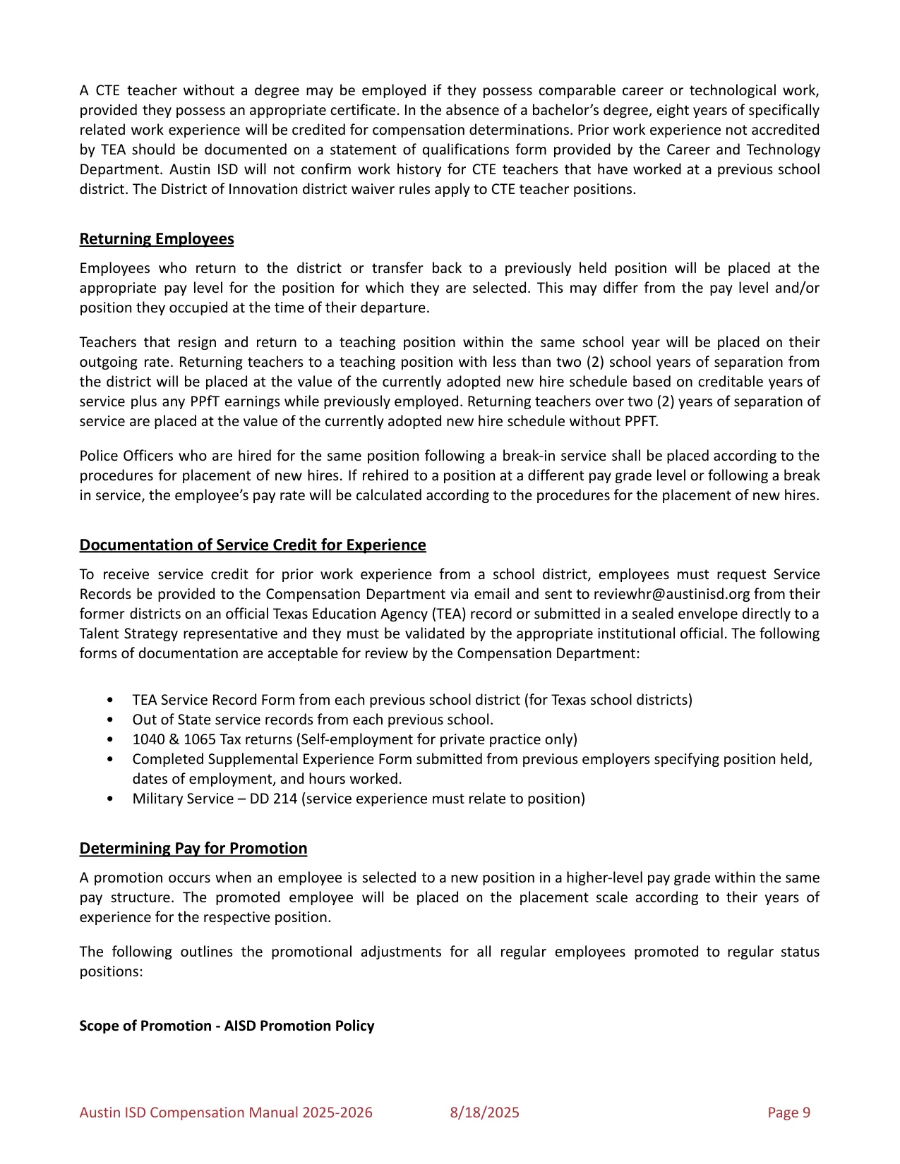 Austin ISD Professional (PRF) Pay Plan 2025-2026 - official salary schedule pay scale (PDF preview, page 13 of 75)