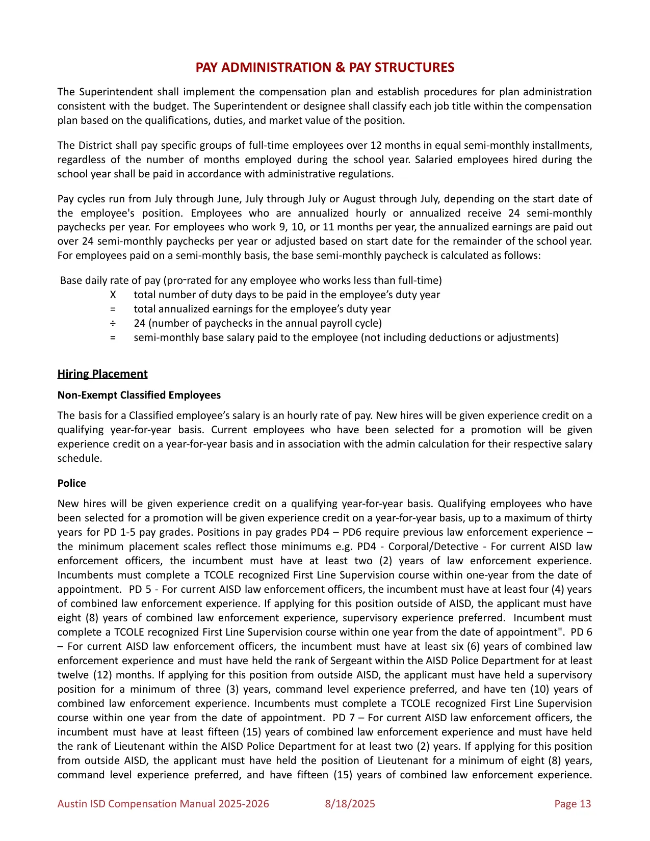 Austin ISD Professional (PRF) Pay Plan 2025-2026 - official salary schedule pay scale (PDF preview, page 17 of 75)