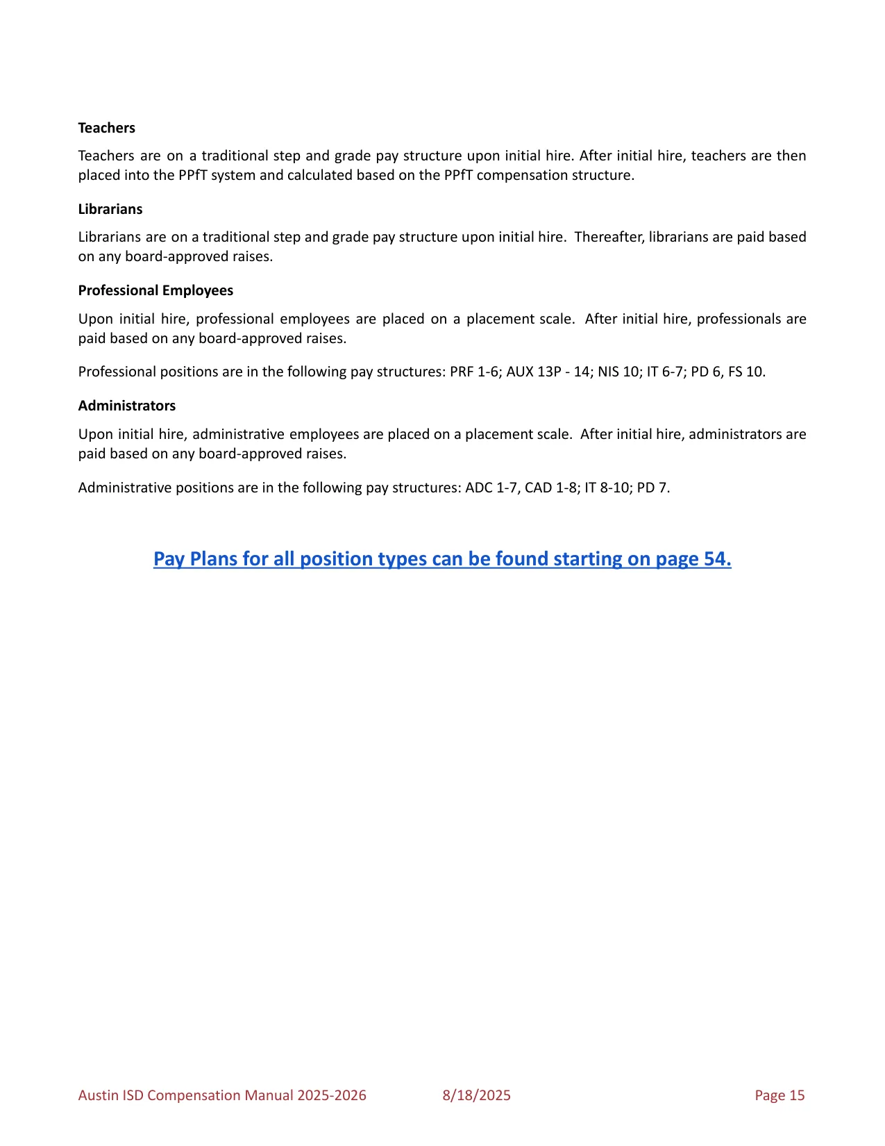 Austin ISD Professional (PRF) Pay Plan 2025-2026 - official salary schedule pay scale (PDF preview, page 19 of 75)
