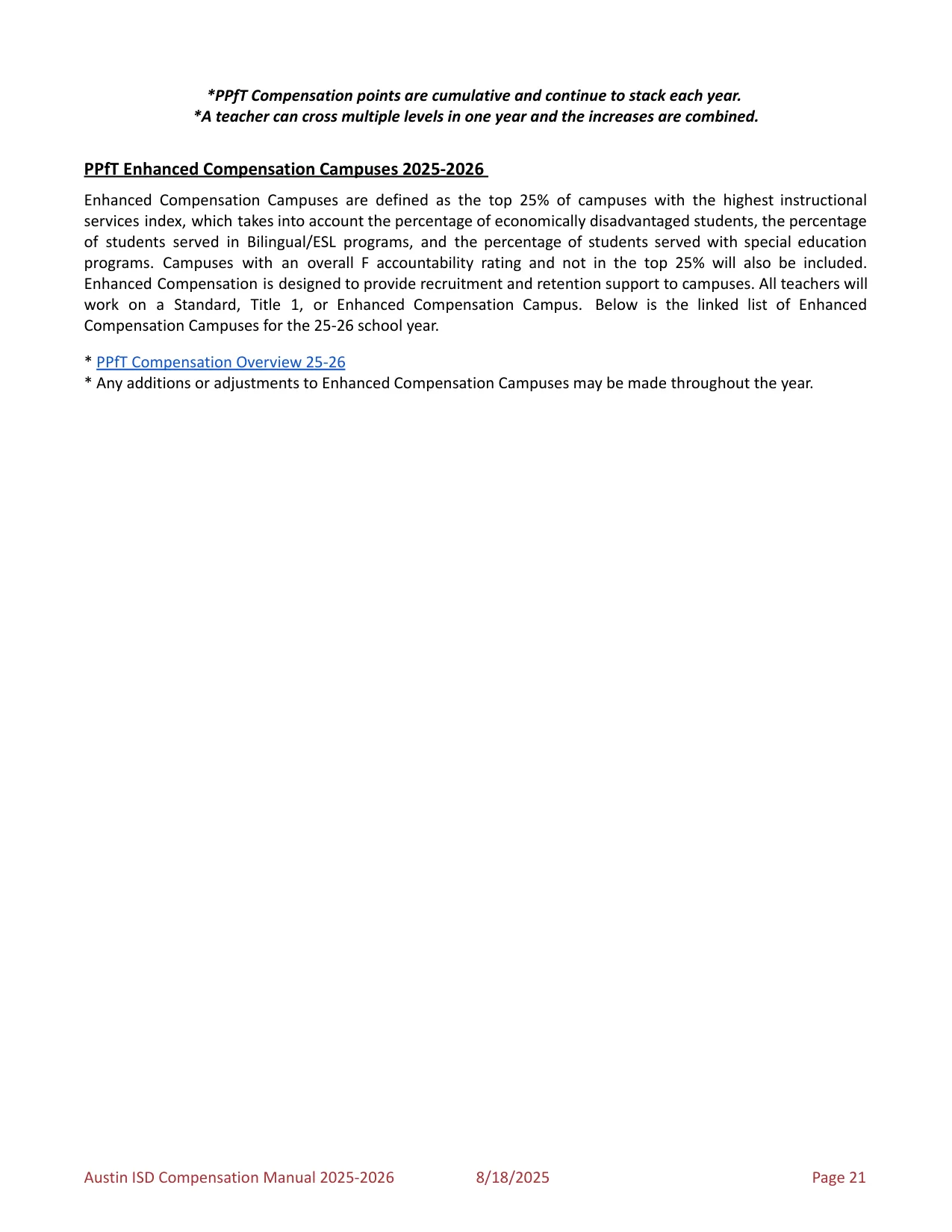 Austin ISD Professional (PRF) Pay Plan 2025-2026 - official salary schedule pay scale (PDF preview, page 25 of 75)